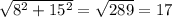 \sqrt{8^2 + 15^2} = \sqrt{289} =17