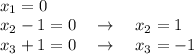 \\x_1=0 \\x_2-1=0 \quad \to \quad x_2=1\\x_3+1=0 \quad \to \quad x_3=-1