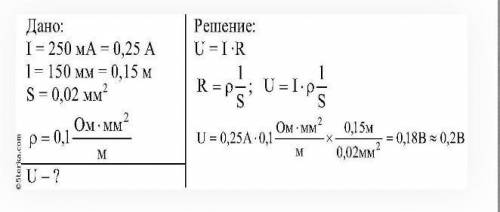 7. Сила тока в железном проводнике длиной 150 мм и площадью поперечного сечения 0,04 мм2 равна 250 м