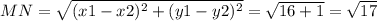 MN=\sqrt{(x1 - x2)^{2}+(y1 - y2)^{2} } = \sqrt{16+1} = \sqrt{17}