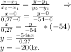 \frac{x-x_1}{x_2-x_1}=\frac{y-y_1}{y_2-y_1} \ \ \ \ \Rightarrow\\\frac{x-0}{0,27-0}=\frac{y-0}{-54-0}\\ \frac{x}{0,27}=\frac{y}{-54} \ |*(-54)\\ y=\frac{-54*x}{0,27} \\y=-200x.