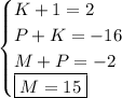 \begin{cases} K+1=2 \\ P+K=-16 \\ M+P=-2 \\ \boxed{M=15} \end{cases}