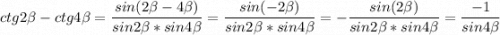 \displaystyle ctg2\beta -ctg4\beta =\frac{sin(2\beta -4\beta )}{sin2\beta *sin4\beta } =\frac{sin(-2\beta )}{sin2\beta *sin4\beta } =- \frac{sin(2\beta )}{sin2\beta *sin4\beta } =\frac{-1}{sin4\beta }