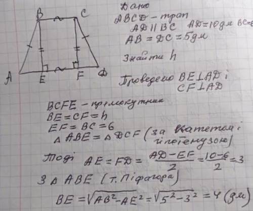 Більша бічна сторона рівнобічної трапеції 5дм.А основи 10дм і 6дм.Знайти висоту трапеції