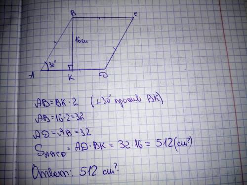 Найдите площадь ромба если его высота 16 см, а острый угол равен 30°