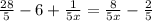 \frac{28}{5} - 6 + \frac{1}{5x} = \frac{8}{5x} - \frac{2}{5}