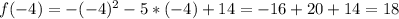 f(-4) = - (-4)^2 - 5 * (-4) + 14 = -16 + 20 + 14 = 18