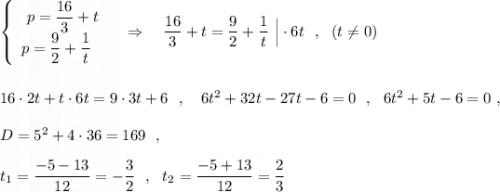 \left\{\begin{array}{l}\ p=\dfrac{16}{3}+t\\p=\dfrac{9}{2}+\dfrac{1}{t}\end{array}\right\ \ \ \Rightarrow \ \ \ \dfrac{16}{3}+t=\dfrac{9}{2}+\dfrac{1}{t}\ \Big|\cdot 6t\ \ ,\ \ (t\ne 0)16\cdot 2t+t\cdot 6t=9\cdot 3t+6 \ \ ,\ \ \ 6t^2+32t-27t-6=0\ \ ,\ \ 6t^2+5t-6=0\ ,D=5^2+4\cdot 36=169\ \ ,t_1=\dfrac{-5-13}{12}=-\dfrac{3}{2}\ \ ,\ \ t_2=\dfrac{-5+13}{12}=\dfrac{2}{3}