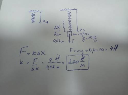 К вертикально расположенной пружине прикрепляется гиря массой 400 г. Пружина удлинилась на 2 см. Чем