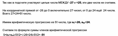 Сколько целых чисел расположено на координатной прямой между -27 и 25. Чему равна их сумма? Объяснит