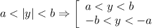 a< |y|< b \Rightarrow \left[\begin{array}{l}a< y< b \\ -b< y< -a \end{array}\right.