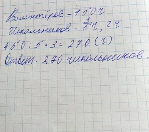 Отряд волонтеров состоит из 450 ч.3/5 из них-школьники.Сколько школьников в отряде? Решите задачу !!