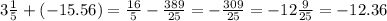 3 \frac{1}{5} + ( - 15.56) = \frac{16}{5} - \frac{389}{25} = - \frac{309}{25} = - 12 \frac{9}{25} = - 12.36