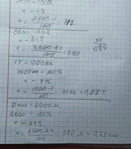 4.Найди проценты. 4 % от 2800 = 60 % от 3600= 7 % от 1 т = 29% от 2 км =