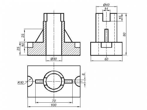 По двум видам детали построить третий. Выполнить необходимые разрезы. Проставить размеры.