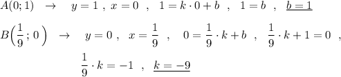 A(0;1)\ \ \to \ \ \ y=1\ ,\ x=0\ \ ,\ \ 1=k\cdot 0+b\ \ ,\ \ 1=b\ \ ,\ \ \underline{b=1}B\Big(\dfrac{1}{9}\, ;\, 0\, \Big)\ \ \to \ \ \ y=0\ ,\ \ x=\dfrac{1}{9}\ \ ,\ \ \ 0=\dfrac{1}{9}\cdot k+b\ \ ,\ \ \dfrac{1}{9}\cdot k+1=0\ \ ,{}\qquad \qquad \qquad \quad \dfrac{1}{9}\cdot k=-1\ \ ,\ \ \underline{k=-9}