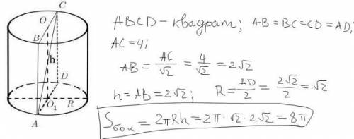 осевое сечение цилиндра - квадрат, диагональ которого равна 4 см. найдите площадь боковой поверхност