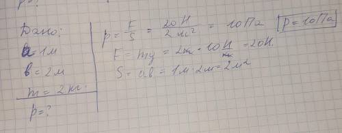 Определить давление, листа фанеры длиной 1 метра и шириной 2 метр, если его масса 2 кг.