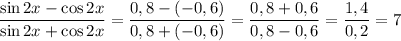 \dfrac{\sin 2x - \cos 2x}{\sin 2x + \cos 2x} =\dfrac{0,8 - (-0,6)}{0,8 + (-0,6)} = \dfrac{0,8 + 0,6}{0,8 - 0,6} = \dfrac{1,4}{0,2} = 7