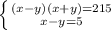 \left \{ {{(x-y)(x+y)=215} \atop {x-y=5}} \right.