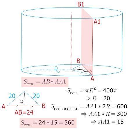 параллельно оси цилиндра на расстоянии 16см от нее, проведено сечение.определите его площадь,если пл
