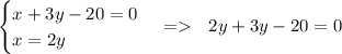 \begin{cases}x+3y-20=0\\x=2y\end{cases}= \ \ 2y+3y-20=0