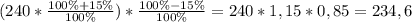 (240*\frac{100\%+15\%}{100\%})*\frac{100\%-15\%}{100\%}=240*1,15*0,85=234,6