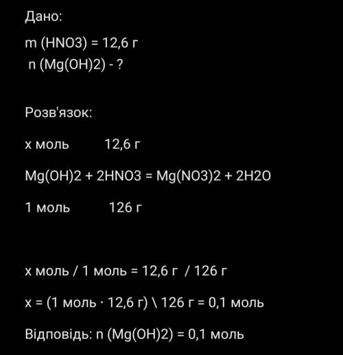 Визначте кількість речовини магній гідроксиду, яка прореагує із 12,6гнітратної кислоти