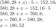 (580,28+x):5=152,16;\\580,28+x=152,16\cdot 5 \\580,28+x=760,8;\\x=760,8-580,28;\\x=180,52