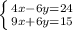 \left \{ {{4x-6y=24} \atop {9x+6y=15}} \right.