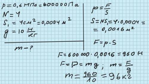Яка маса стола, який створює тиск 0,6 МПа ? Стіл має чотири ніжки, площа однієї ніжки становить 4 кв