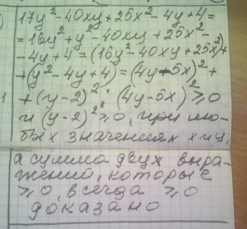 Доведіть що при всіх дійсних значеннях змінних є правильною нерівність 17y² - 40xy + 25x² - 4y + 4 ≥