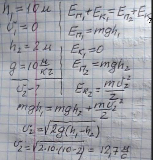 Тіло вільно падає з висоти 10 м. Яку швидкість матиме тіло на висоті 2 м?