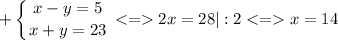 \displaystyle +\left \{ {{x-y=5} \atop {x+y=23}} \right. < = 2x=28|:2 < = x = 14