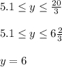 5.1\leq y\leq \frac{20}{3} 5.1\leq y\leq 6\frac{2}{3} y=6