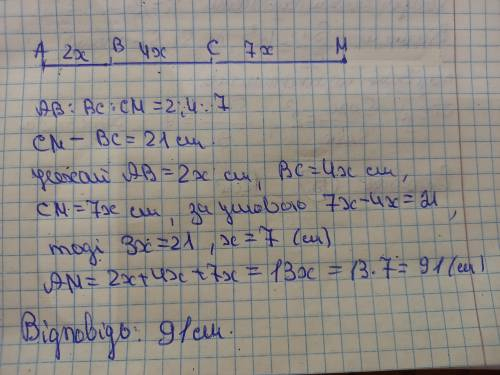 На прямій розміщено точки в такій послідовності А, В, С, М. знайди довжину відрізка АМ, якщо АВ:ВС:С