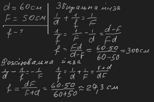 На відстані 60 см від лінзи з фокусною відстанню 50 см розміщено предмет. Де буде знаходитися його з
