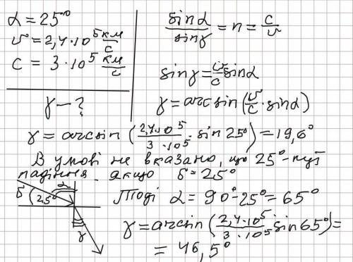 На поверхню рідини падає промінь під кутом 25°. Визначити кут заломлення променя, якщо швидкість сві