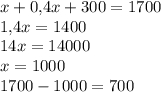 x+0{,}4x+300=1700\\1{,}4x=1400\\14x=14000\\x=1000\\1700-1000=700