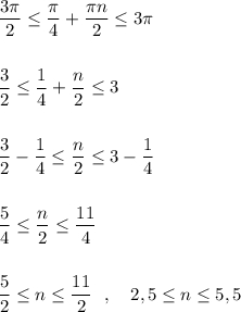 \displaystyle \frac{3\pi}{2}\leq \dfrac{\pi}{4}+\dfrac{\pi n}{2}\leq 3\pi frac{3}{2}\leq \frac{1}{4}+\frac{n}{2}\leq 3frac{3}{2}-\frac{1}{4}\leq \frac{n}{2}\leq 3-\frac{1}{4}frac{5}{4}\leq \frac{n}{2}\leq \frac{11}{4}frac{5}{2}\leq n\leq \frac{11}{2}\ \ ,\ \ \ 2,5\leq n\leq 5,5