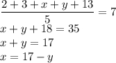 \dfrac{2+3+x+y+13}{5}=7\\x+y+18=35\\x+y=17\\x=17-y\\