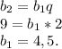 b_{2}={b_{1}q}\\9={b_{1}*2}\\b_{1}=4,5.