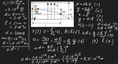 Очень нужно решение задачи ( полностью с умовой) Між пластини влітає електрон із швидкістю 20 мм/с,
