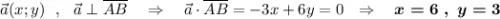 \vec{a}(x;y)\ \ ,\ \ \vec{a}\perp \overline{AB}\ \ \ \Rightarrow \ \ \ \vec{a}\cdot \overline{AB}=-3x+6y=0\ \ \Rightarrow \ \ \ \boldsymbol{x=6\ ,\ y=3}