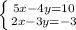 \left \{ {{5x-4y=10} \atop {2x-3y=-3}} \right.