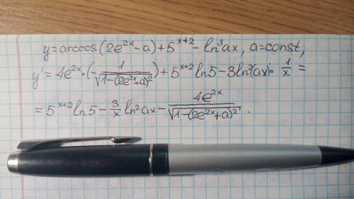 Знайти похідну функції y = arccos(2e^2x-a)+5^x+2-(In ax)^3, де a - const ниже скриншот задания прикр