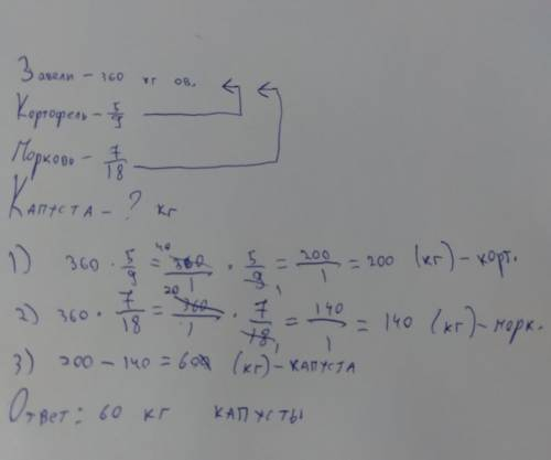 В магазин завели 360 кг овощей из них 5/9 картофель 7/18 морковь. Остальное капуста. Сколько капусты