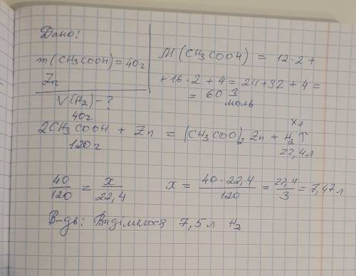 Масса уксусной кислоты m (CH3COOH) = 40 г К уксусной кислоте добавили цинк. CH3COOH + ZN = (CH3COO)