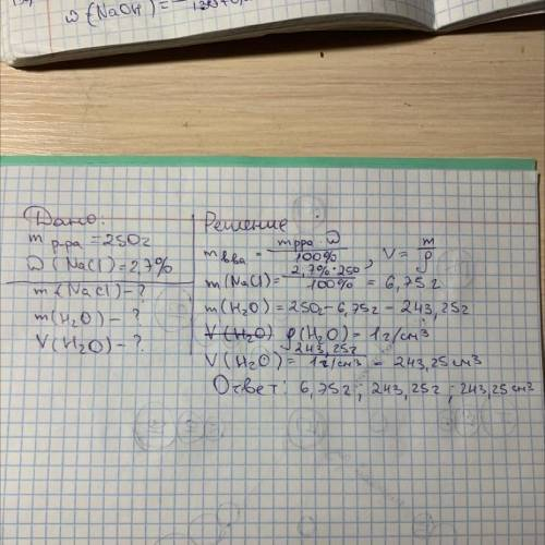 Дано: m(розчину) = 250 г w(NaCl)=2,7% Знайти: m(NaCl) - ? m(H2O) - ? V(H2O) - ? !