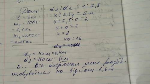 До кінців важеля довжиною 2 м підвішені вантажі масою 100 і 250 г. Де треба розмістити опору, щоб ва